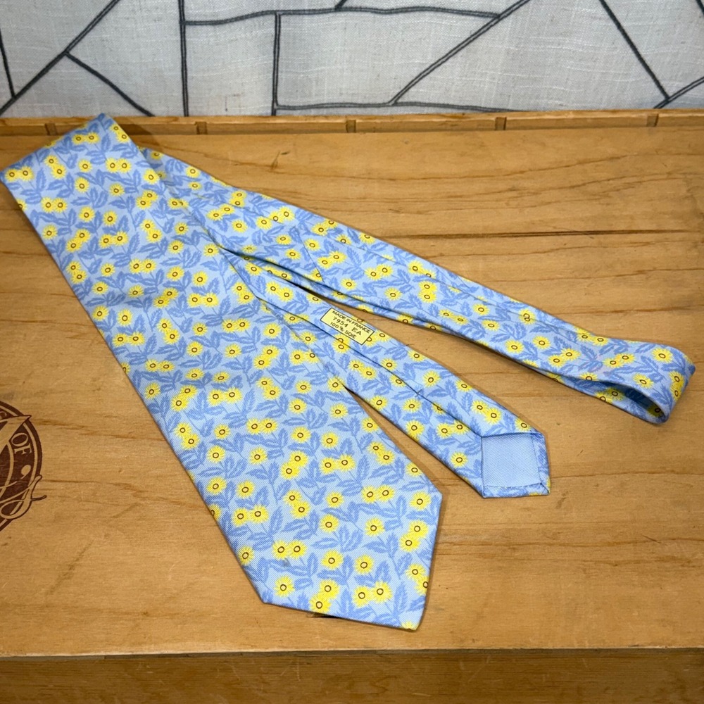Hermes Silk Tie One Size Blue Excellent Sunflower Floral Pattern Luxury France - Picture 3 of 7